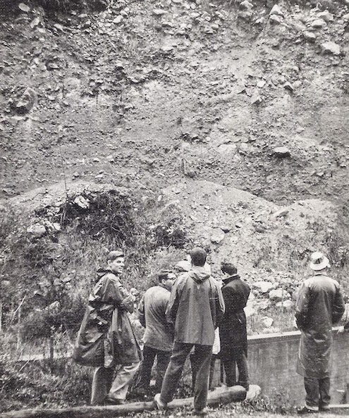 Brooks leading a 1962 Caltech student field trip to Rubio Canyon, and back at the canyon in 2005. Photo courtesy of Norman Brooks family