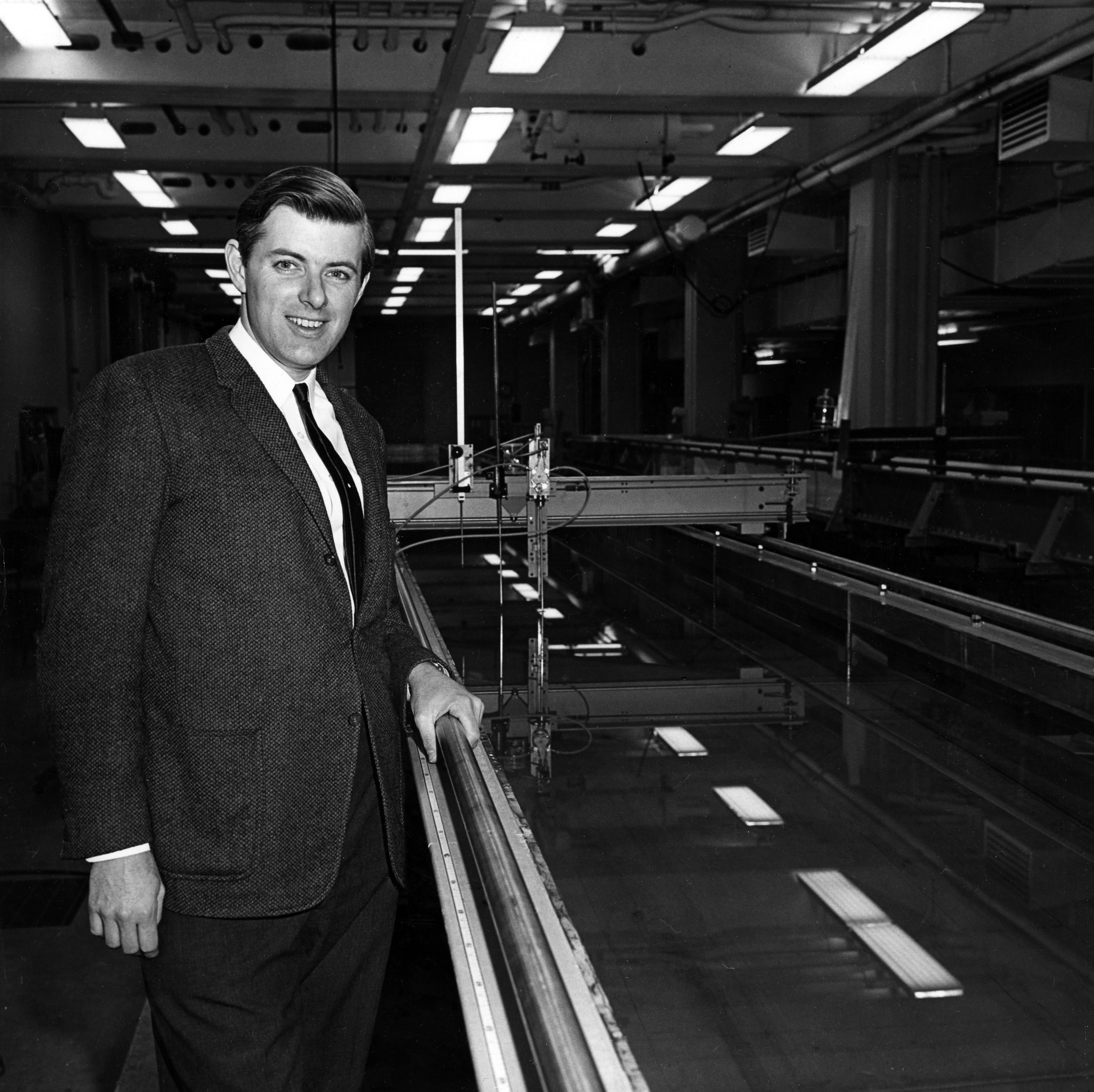 Brooks in the new flume lab, 1966. Caltech Archives Photo