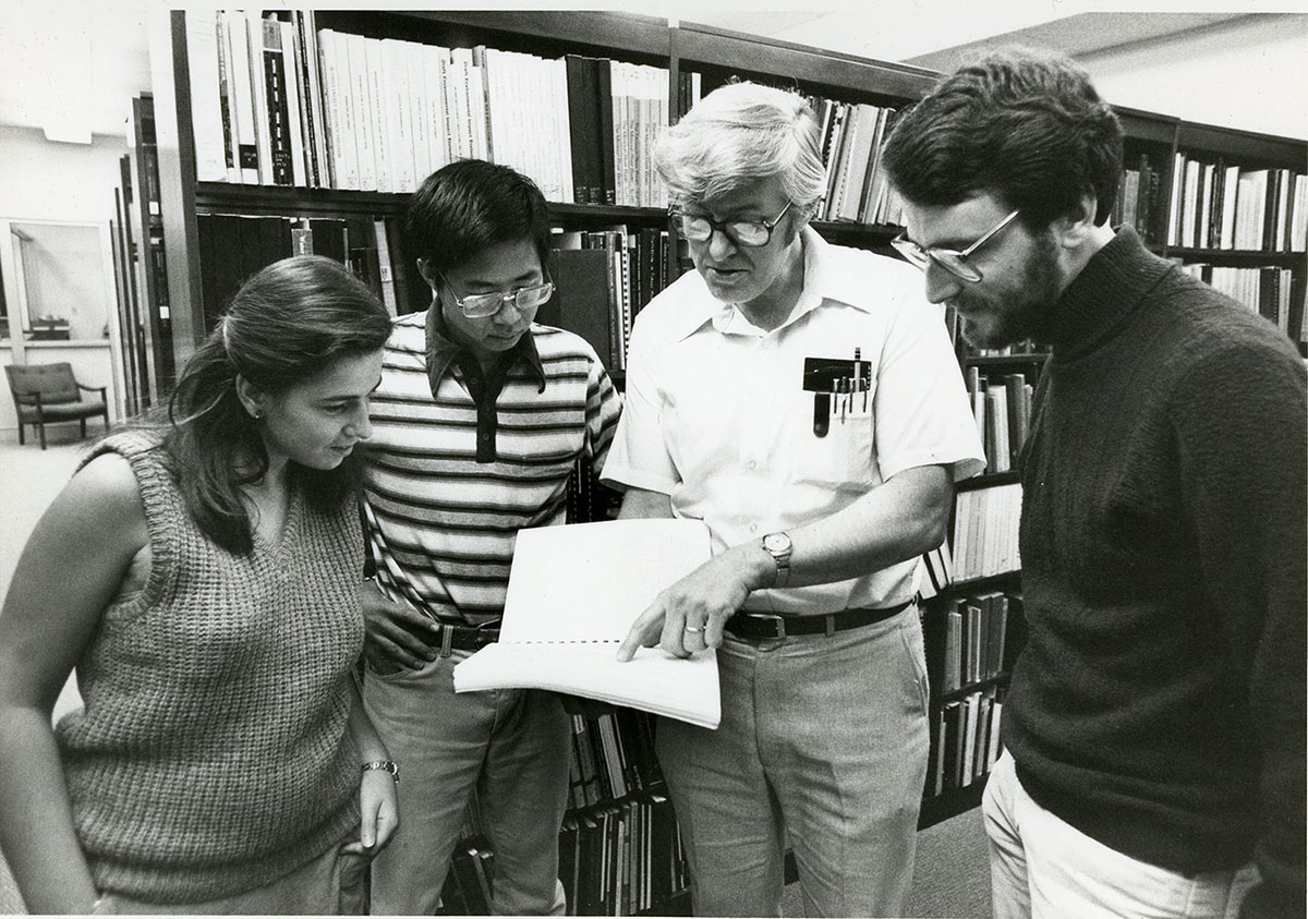 Brooks with students in the 1980s. Caltech Archives Photo