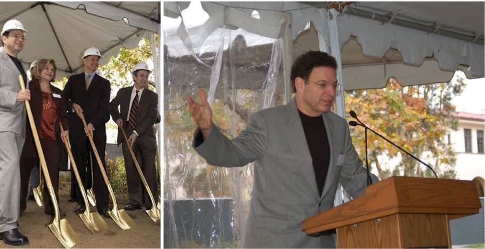 Annenberg IST Center groundbreaking in December 2007. From left to right: Shuki Bruck, Wallis Annenberg, architect Frederick Fisher, and Caltech’s then-president Jean-Lou Chameau. Behind Shuki at podium (right) is Avery House, where he and Anat were then living as faculty residents—“my shortest commute ever.” Caltech photos by Robert Paz