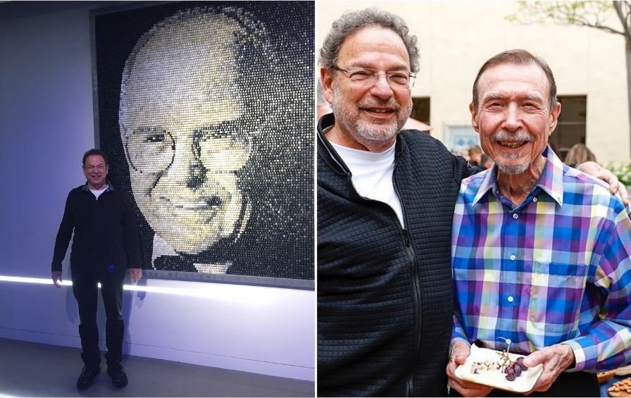 Catching up with iconic innovators of the past: Alongside Intel cofounder Gordon Moore’s image at Intel headquarters in 2020, and with Caltech professor and VLSI pioneer Carver Mead at Caltech’s celebration of Mead’s 90th birthday in May 2024. Photos courtesy of Shuki Bruck