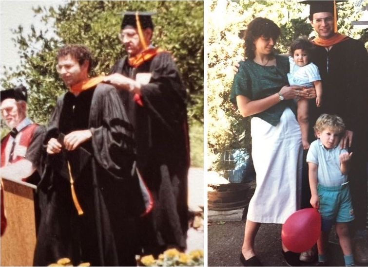Stanford graduation 1989, with PhD advisor Joe Goodman affixing the hood (left) and with Anat, daughter Gal, son Or, and balloon. Photos courtesy of Shuki Bruck