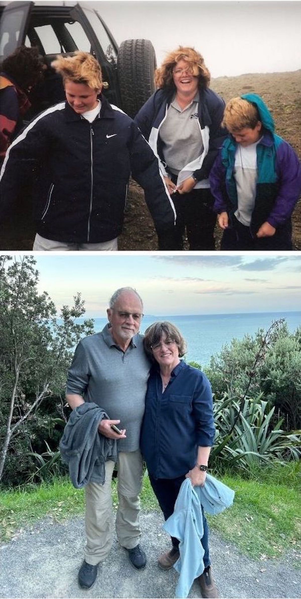 With sons Sven and Niels in southwestern Iceland, site of many volcanic eruptions, in 1999, and with Egill at New Zealand’s Bay of Plenty, 2023. Photos courtesy of Lucy Jones