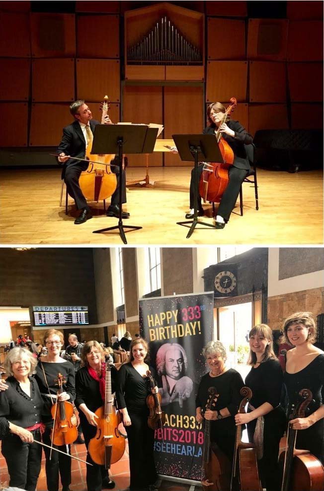 Performing a gamba duet at Loyola Marymount University with Shanon Zusman in 2015 and taking part in “Bach in the Subways” at LA’s Union Station with the community musical group Los Angeles Baroque in 2018. Photos courtesy of Lucy Jones