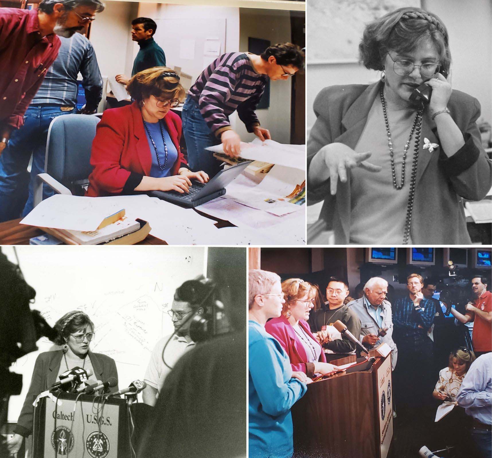 The “earthquake lady” and Caltech/USGS colleagues, including geology postodoc James Dolan (top left photo, at right) and staff seismologist Kate Hutton (bottom right photo, at left) deal with seismic data and media mayhem following the Northridge quake. Caltech photos by Robert Paz