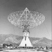 View of 130-foot radio telescope with dish in place