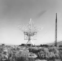 View of 130-foot radio telescope with dish in place