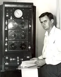 Gordon Stanley at the control panels. Stanley was the second director of OVRO after the departure of John Bolton in 1960.