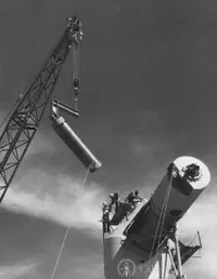 Alidade assembly on pedestal of 90-foot radio telescope