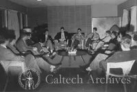 Cabinet meeting in the living room of the Caltech YMCA residence