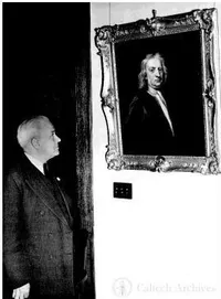 Robert A. Millikan looking at portrait of Isaac Newton