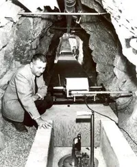 Hugo Benioff with fused-quartz extensometer