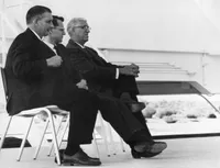 Bruce Rule, Alan Moffet and John Bolton at dedication of first 130′ radio telescope (OVRO)