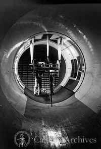 Technicians inside the 10-foot wind tunnel