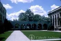Court between Gates Laboratory of Chemistry (right) and Dabney Hall (left) with linking arcade and Engelmann oak behind.