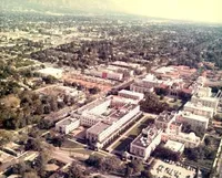 Aerial view of the campus during construction of Beckman Auditorium