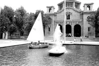 Sailboat in Millikan pond with Throop Hall in the background