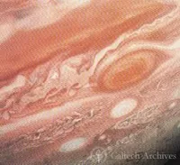 Voyager 2 image shows the region of Jupiter from the equator to the southern polar latitudes in the neighborhood of the Great Red Spot