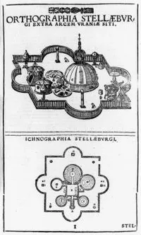 Perspective rendering and plan of the Stjerneborg (Stellaburg) observatory on the island of Hven, from Tycho Brahe, Astronomiae Instauratae Mechanica