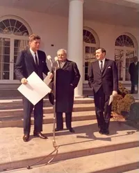 President John F. Kennedy with Theodore von Karman and Jerome Wiesner