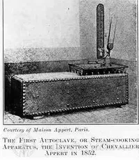 The first autoclave, or steam-cooking apparatus, the invention of Chevallier Appert.